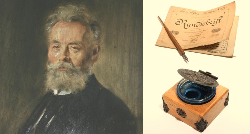 Porträt von Friedrich Soennecken, ein Rundschrift Heft und ein Tintenfass.