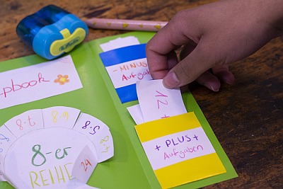 Eine Hand zieht einen Zettel aus einem selbstgebastelten Lapbook. Die Lasche ist mit dem Worten "Plus-Aufgabe" beschrieben. Im oberen Bildrand sind ein Trilino-Stift von Herlitz sowie ein Anspitzer in blau zu sehen.