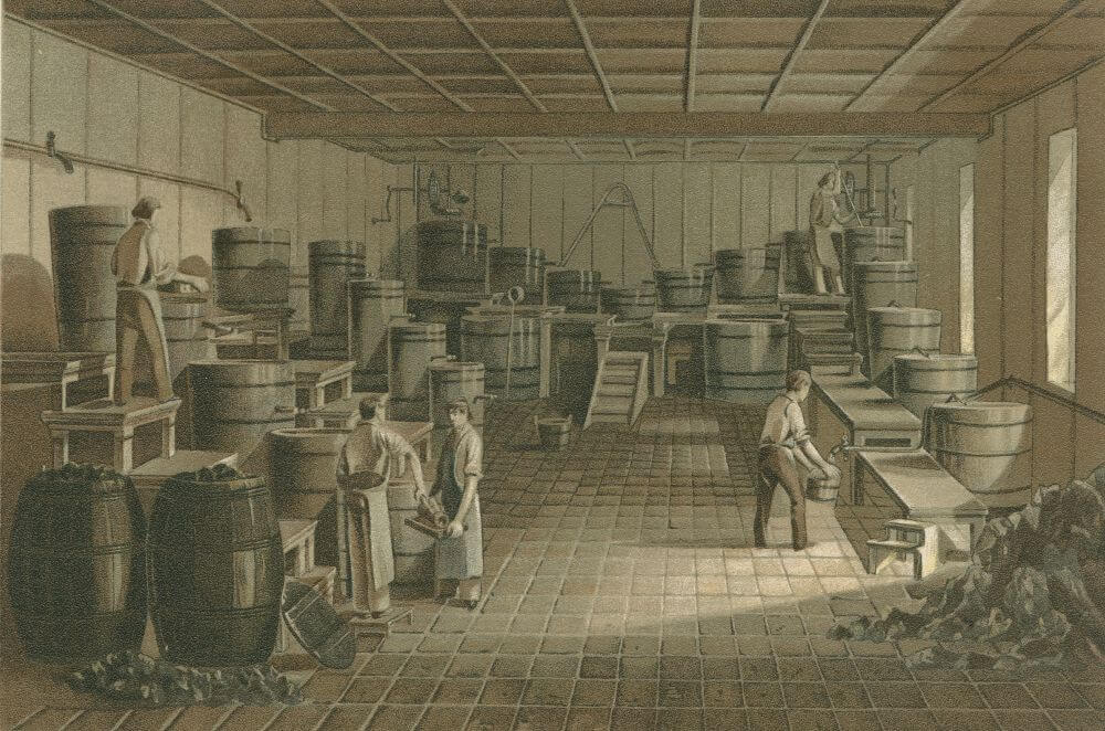 Bleistiftproduktion bei Faber-Castell 1861: Hier sieht man die Schlemme, in der Graphit und Ton zu einer Masse vermengt werden. © Archiv Faber-Castell