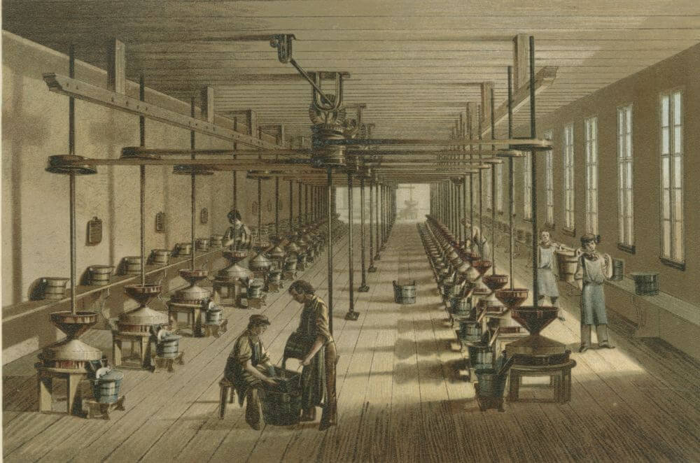 Bleistiftproduktion bei Faber-Castell 1861: In Mühlen wird die Graphit-Ton-Mischung fein gemahlen. © Archiv Faber-Castell