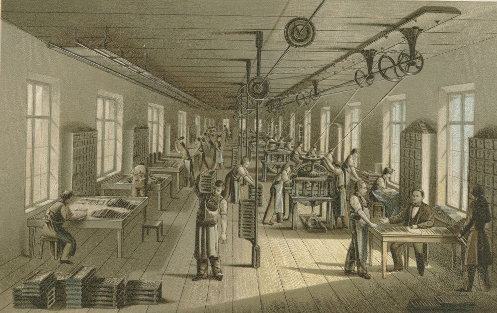 Bleistiftproduktion bei Faber-Castell 1861: Die Bleistiftmasse wird von Arbeitern zu ihrer minenartigen Form verarbeitet. © Archiv Faber-Castell
