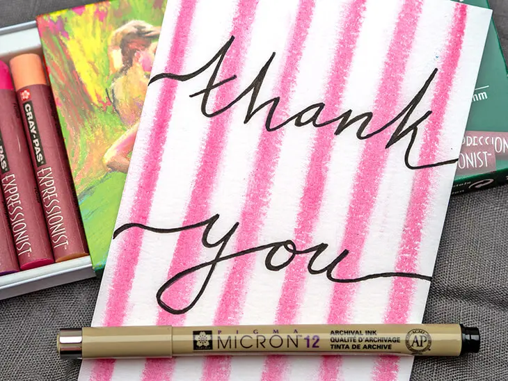 („Thank You“-Karte die mit Stiften und Ölpastellkreide von Sakura gestaltet wurde. Foto: Johanna Rundel