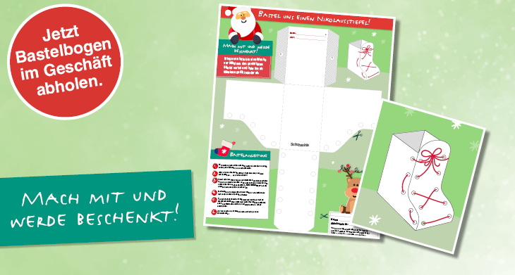 Grafik mit Abbildung eines Bastelbogens Nikolausstiefel und Störer "Mach mit"