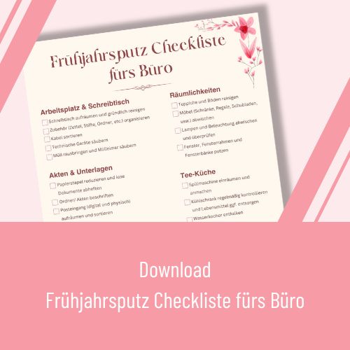 Grafik mit Abbildung einer Checkliste zum Frühjahrsputz im Büro und Text "Download Frühjahrsputz Checkliste fürs Büro"