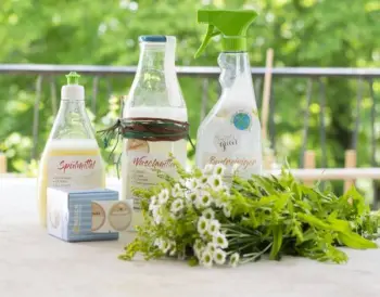 Selbstgemachte DIY-Haushaltsmitel stehen aufgereiht auf einem Tisch