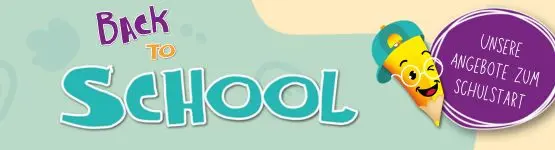 Button mit Text "Back to school", Comiczeichnung eines Bleistiftes und Text "Unsere Angebote zum Schulstart"