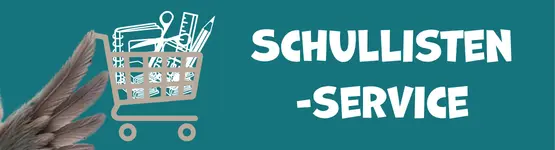 Grafik mit Einkaufswagen mit Schulmaterialen und Text "Schullisten-Service"