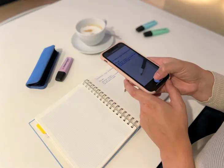 Auf einem weißen Tisch liegen ein Mäppchen, mehrere pastellfarbene Textmarker der Marke Stabil und eine Kaffeetasse. Eine Person fotografiert mit einem Smartphone ihr Notizbuch.