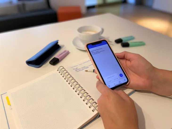 Eine Person nutzt auf ihrem Smartphone die App Pen to Print. Im Hintergrud sieht man einige Schreibutensilien sowie ein aufgeschlagenes Notizbuch.