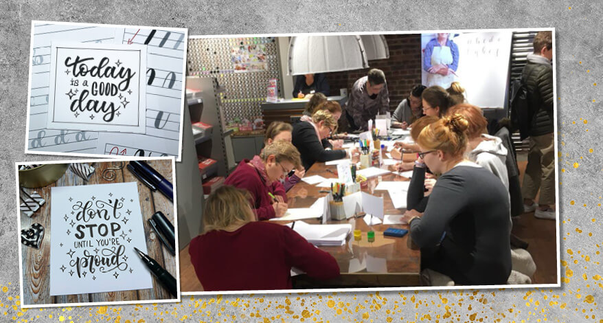 Fotomontage mit Bild einer Workshop-Szene und geletterten Bildern.