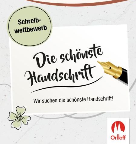 Ein geletterter Schriftzug mit einem Füller, auf dem "Die schönste Handschrift" steht.