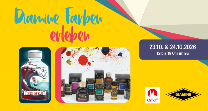 Viele bunte Diaminetinten stehen nebeneinander. Darüber sind Tintenkleckse zu sehen.