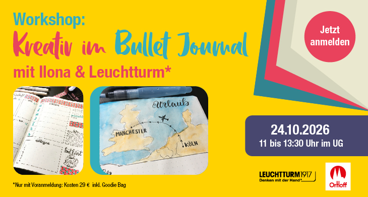 Eine bemalte und beschriftete Seite in einem Bullet Journal mit Hinweis auf einen Workshop.