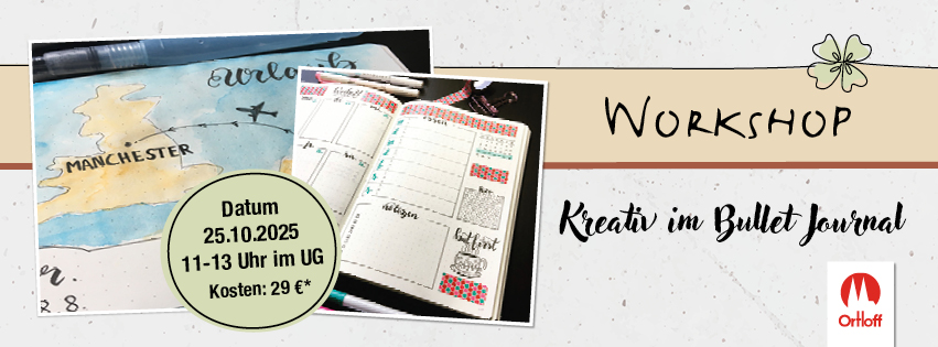 Eine bemalte und beschriftete Seite in einem Bullet Journal mit Hinweis auf einen Workshop.