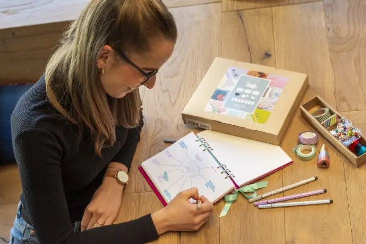 Eine Frau schreibt in ein Notizbuch von Filofax, umgeben von Dekotape und bunten Stiften.