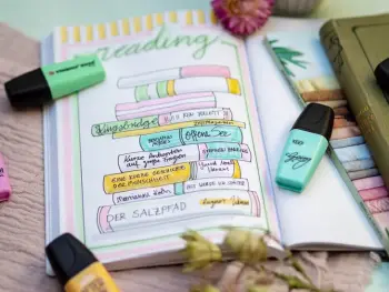 In einem Bullet Journal ist eine collection zum Thema „Bücher“ als Bücherstapel hineingemalt.