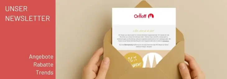 Grafik mit Newsletter von Ortloff in Köln und dem Text „Unser Newsletter: Angebote, Rabatte, Trends“