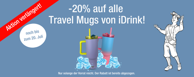 Banner mit Bewerbung einer Rabatt-Aktion für Becher