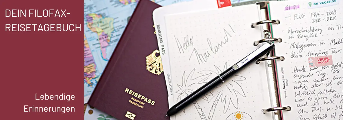 Ein Filofax Reisetagebuch liegt zwischen Landkarte und Reisepass. Foto: Johanna Rundel