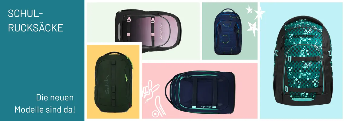 Verschiedene Schulrucksäcke von coocazoo und satch stehen auf mehrfarbigen Kacheln. 