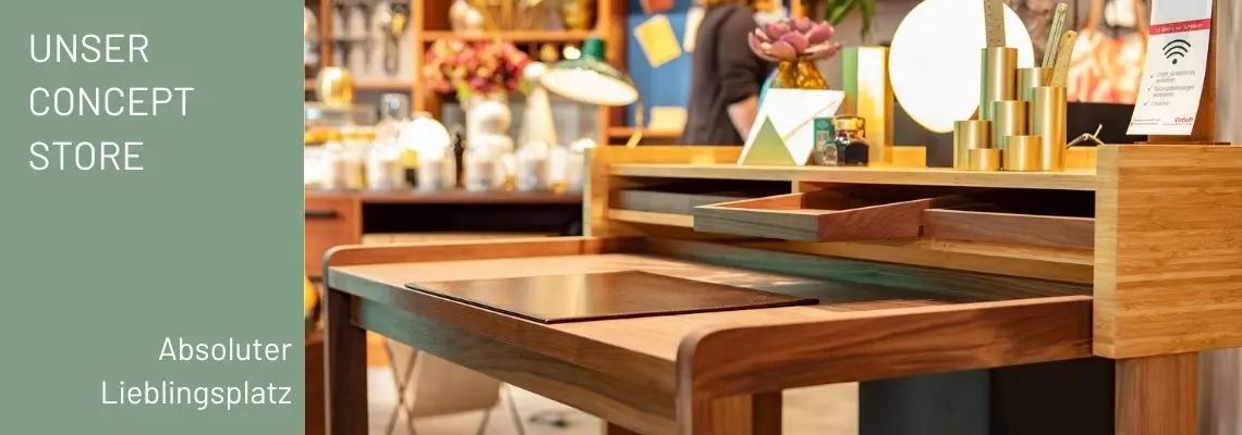 Blick in den Concept Store bei Ortloff in Köln mit dem Text "Unser Concept Store, absoluter Lieblingsplatz"