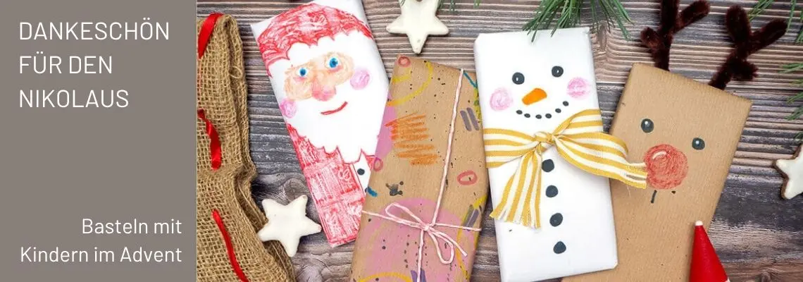 Schokoladenverpackungen bemalt mit Nikolaus- und Schneemann-Motiv