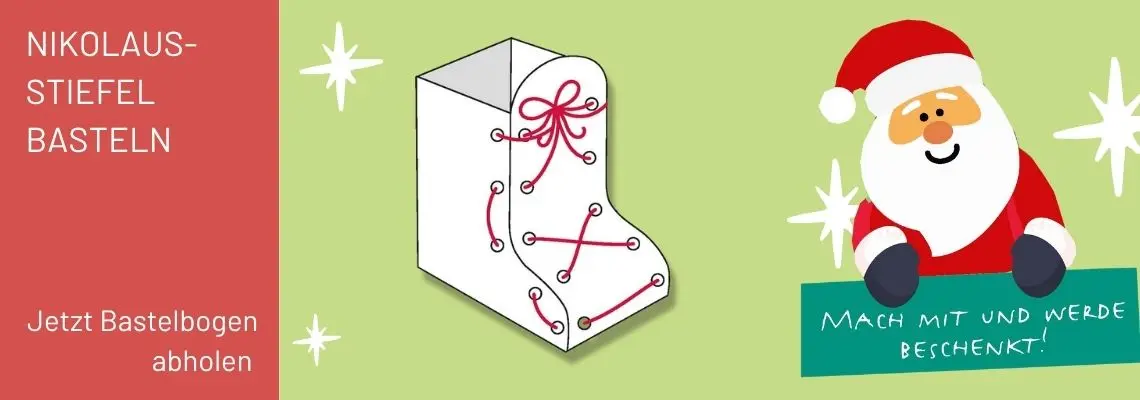 Grafik mit Skizze eines Stiefels, einem Nikolaus und Text "Nikolausstiefel basteln, jetzt Bastelbogen abholen"