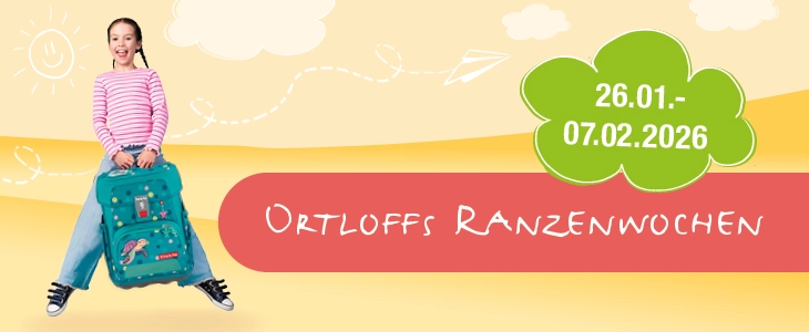 Ein Mädchen hat einen Schulranzen in der Hand und zeigt mit dem Dáumen nach oben. Neben ihr ist ein Schriftzug, der auf die Schulranzenwoche bei Ortloff hinweist.