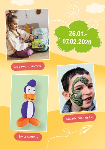 Plakat mit Abbildungen zu den Aktivitäten der Ranzenwoche bei Ortloff in Köln