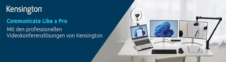 Das Bild zeigt einen professionellen Arbeitsplatz, ausgestattet mit Kensington-Videokonferenzlösungen. Auf dem Schreibtisch befinden sich ein Laptop, zwei Monitore, eine Tastatur, eine Maus und ein Mikrofonarm mit Kamera, ergänzt durch eine Beleuchtung für optimale Videokonferenzqualität. Der Text 'Communicate Like a Pro' hebt die Effizienz und Qualität hervor."