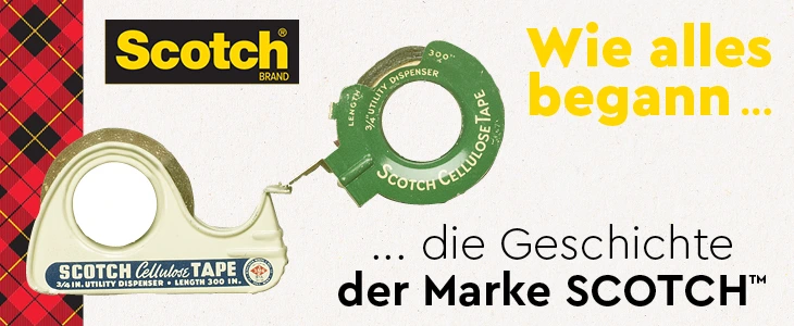 Historische Scotch® Klebebandabroller mit Schriftzug „Wie alles begann“.
