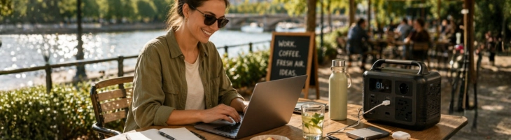 Frau arbeitet mobil mit Laptop im Freien an Tisch im Café. 