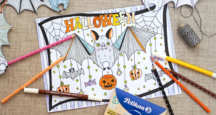 Stifte von Pelikan & herlitz auf Halloween Ausmalbild „Fledermaus“. Foto: Johanna Rundel