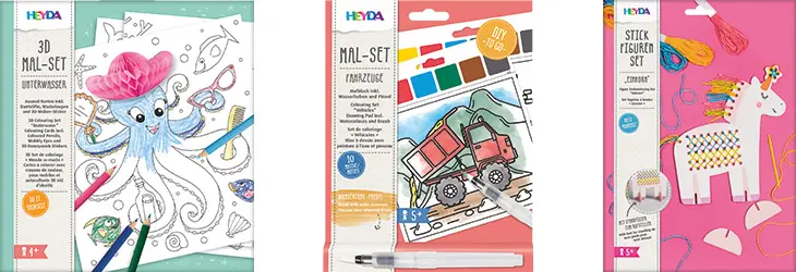 3 Produktbilder verschiedener Bastelsets von HEYDA zu den Themen „Unterwasser“, „Fahrzeuge“ und Einhorn"