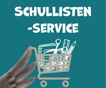 Grafik mit Text "Schullisten-Service", darunter Icon eines Einkaufswagens mit Schulmaterial