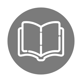 Grauer Button mit weißer Illustration eines aufgeschlagenen Buchs.