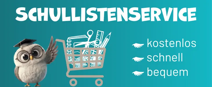 Grafik mit einer Eule, die einen Einkaufswagen mit Schulbedarf schiebt. Dazu der Text „Schullistenservice: Kostenlos, schnell, bequem“
