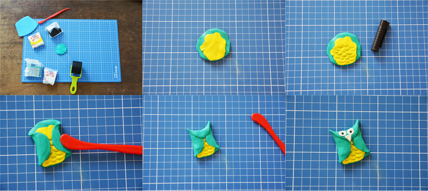 Eine Collage zeigt die einzelnen Schritte, wie man aus Fimo eine Eule bastelt.