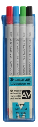 Abbildung einer Verpackung Lumocolor-Stifte aus dem Jahr 1968 mit den Farben rot, grün, blau und schwarz.