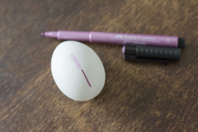 Ei mit lilafarbener Linie neben einem Faber-Castell-Stift