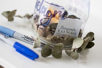 Nahaufnahme eines mit blauen Stiften beletterten Weckglases mit der Aufschrift "Bretagne 2019". Das Weckglas ist mit Sand, Muscheln und einer Visitenkarte eines Fahrradverleihs befüllt. Neben dem Glas liegen 2 Marker der Marke Sharpie in hellbalu und dunkelblau sowie eine Efeuranke.