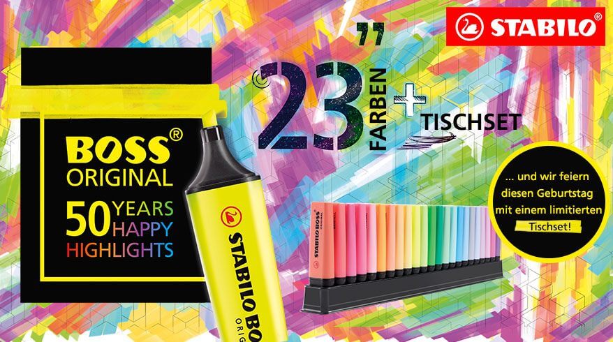 Anzeige mit Abbildung der limiteriten Edition von Stabilo Terxtmarkern mit 23 Farben zum 50. Geburtstag von Stabilo.
