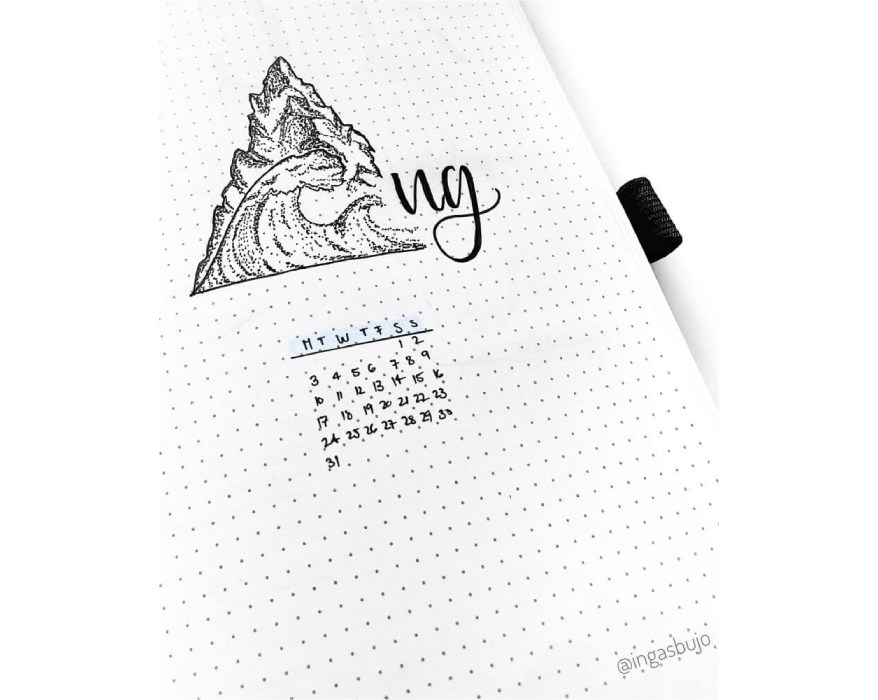 Nahaufnahme von einem Berg und einer Welle, die mit der Zeichentechnik Dotwork in einen Bullet Planner gezeichnet wurden. Abgebildet ist der monthly log August.