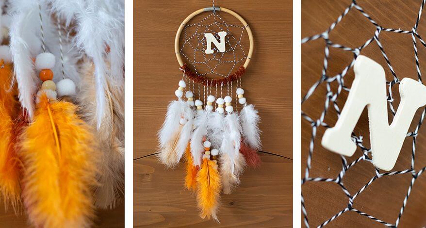 Fotocollage eines selbstgebastelten Traumfängers mit Nahaufnahmen der Federn und des Holzbuchstabens "N".