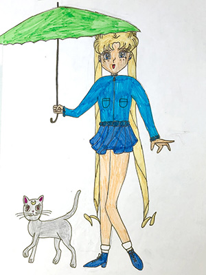 Auf einem weißen Blatt Papier ist in kindlicher Art eine Manga-Zeichnung von Sailor Moon und ihrer grauen Katze zu sehen. Das blonde Mädchen hat eine blaue Schuluniform an und trägt einen aufgespannten, grünen Regenschirm. Foto: Reyhan Yildirim