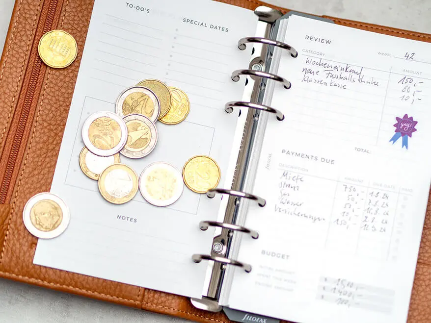 Eine Finanzplaner-Seite eines braunen Filofax-Organizers ist aufgeschlagen. Ein paar Geldmünzen liegen darauf. Foto: Johanna Rundel