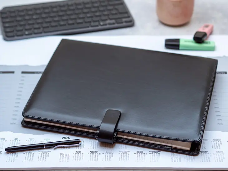 Ein schwarzer Filofax A4 liegt auf einem Büroschreibtisch. Foto: Johanna Rundel