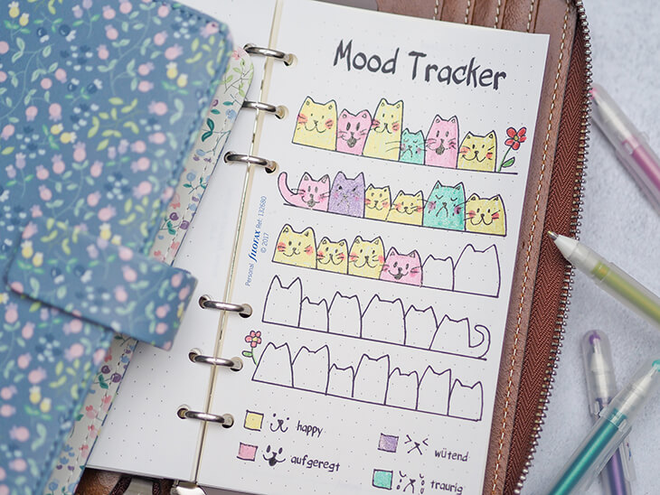 Mood Tracker mit Katzenmotiv in einem Organizer von Filofax. Foto: Johanna Rundel