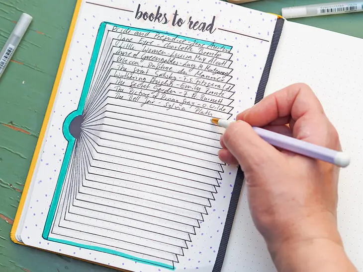 Jemand schreibt eine „books-to-read“-Liste in ein Bullet Journal von LEUCHTTURM1917. Foto: Johanna Rundel