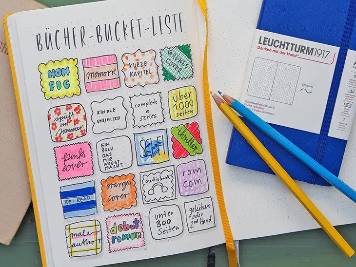 Aufgeschlagenes Bullet Journal von LEUCHTTURM1917 mit "Bücher-Bucket-Liste"-Seite. Foto: Johanna Rundel